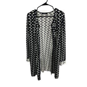 August Silk Open Front Cardigan Sweater Black White Sz Large Long Sleeve Knit